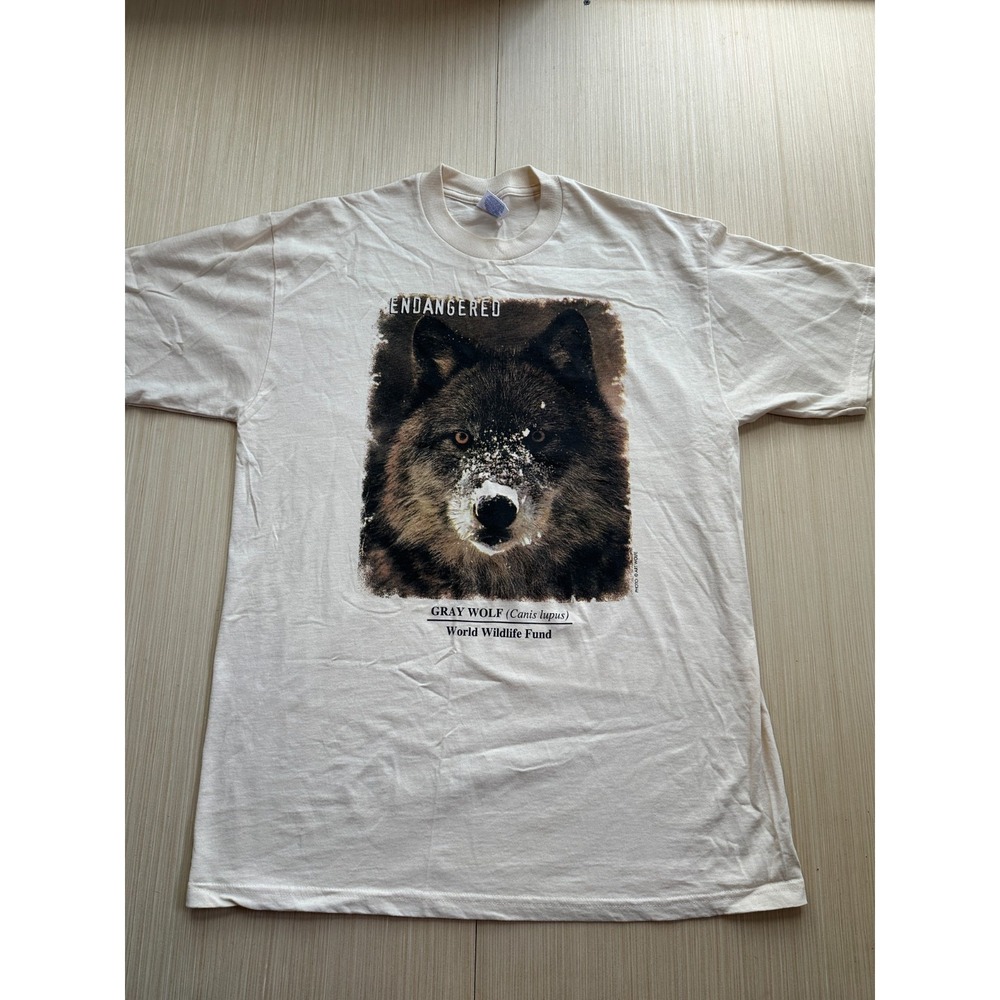 Vintage Jerzees T-Shirt Men's Large White Endangered Gray Wolf Graphic Cotton